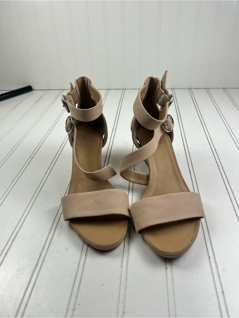 Franco Sarto Vintage Derek Bone Nude Suede Wedge Slip On Sandals Women’s Size 8M